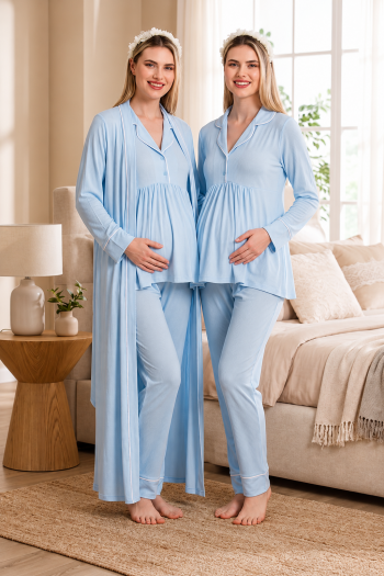 Biyeli Mavi Uzun Kollu Lohusa Hamile Pijama Takımı Sabahlık 33001
